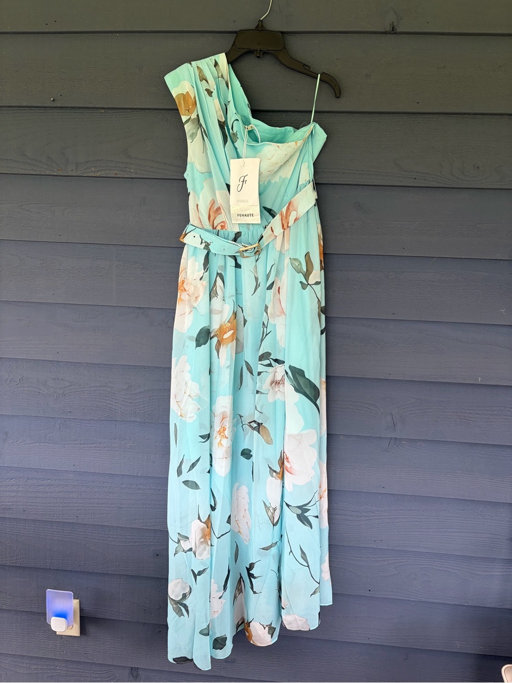 Fehaute One-Shoulder Floral Maxi Dress in Light Aqua